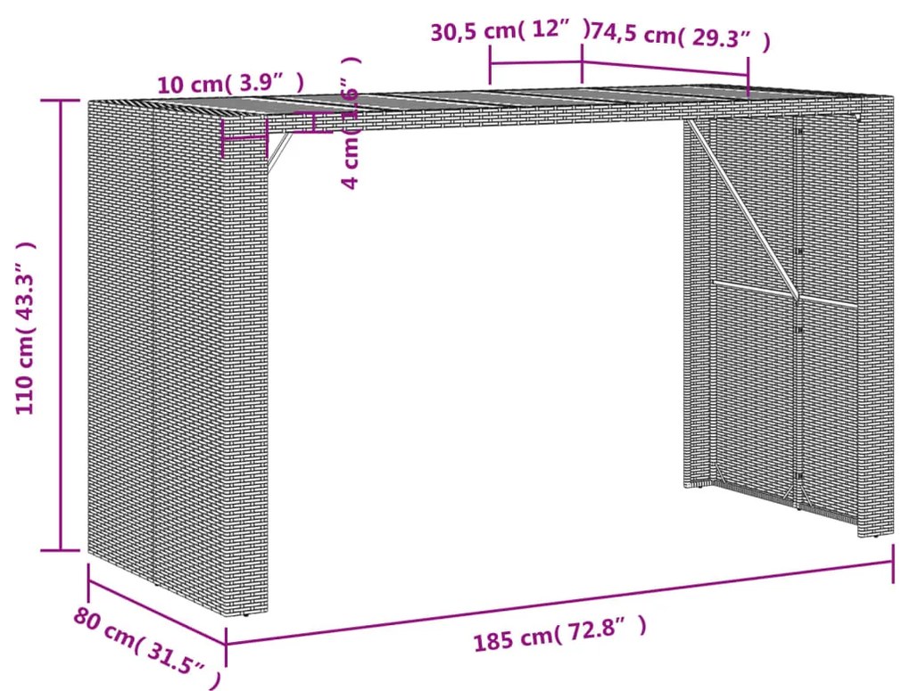 Mesa de bar para jardim com tampo em acácia vime PE cinza
