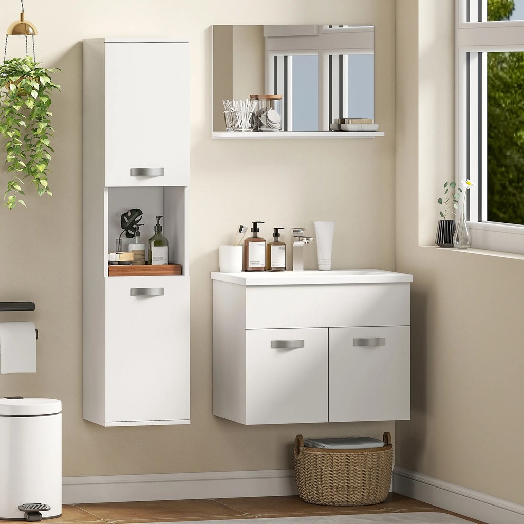 Conjunto de móveis de casa de banho de 4 peças, de parede, com espelho, móvel de lavatório, lavatório e armário alto, branco