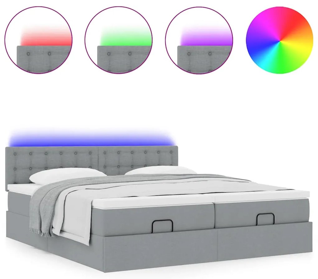 Estrutura de cama otomana com colchões tecido cinzento claro