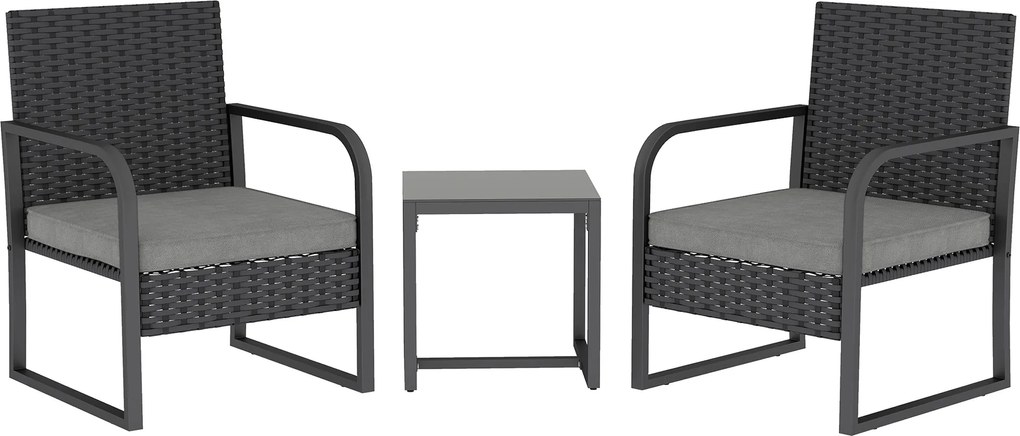 Outsunny Conjunto de Jardim em Rattan com 2 Poltronas de Exterior e Mesa com Tampo em Vidro, Preto | Aosom Portugal