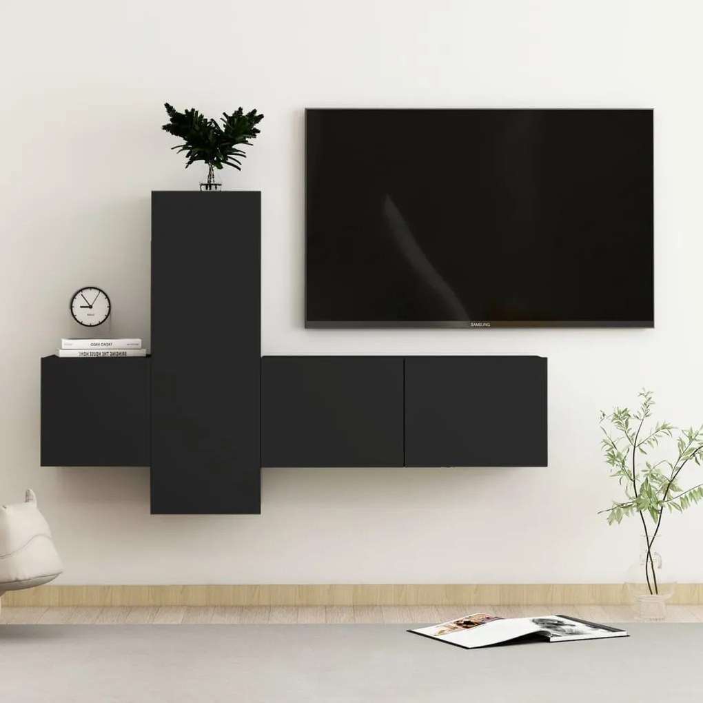 Conjunto de 3 Móveis de Parede de TV Faial M - Preto - Design Moderno