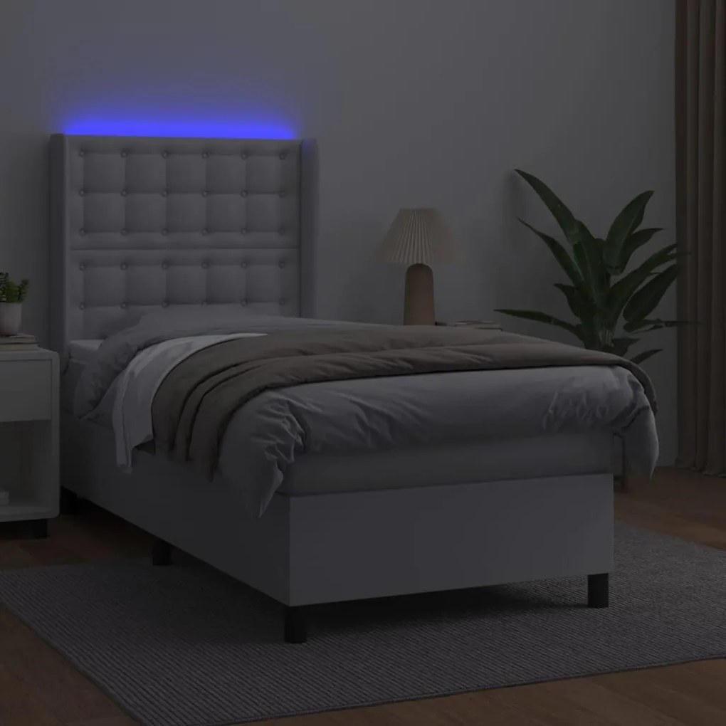 Cama box spring c/ colchão/LED 90x200cm couro artificial branco