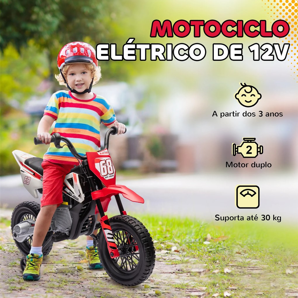 Mota Elétrica para Crianças 3 anos a 5/6 anos (até 30 kg) com Bateria 12V Música Velocidade 2,4-5 km/h e Rodas Auxiliares 107x56x70 cm Vermelho