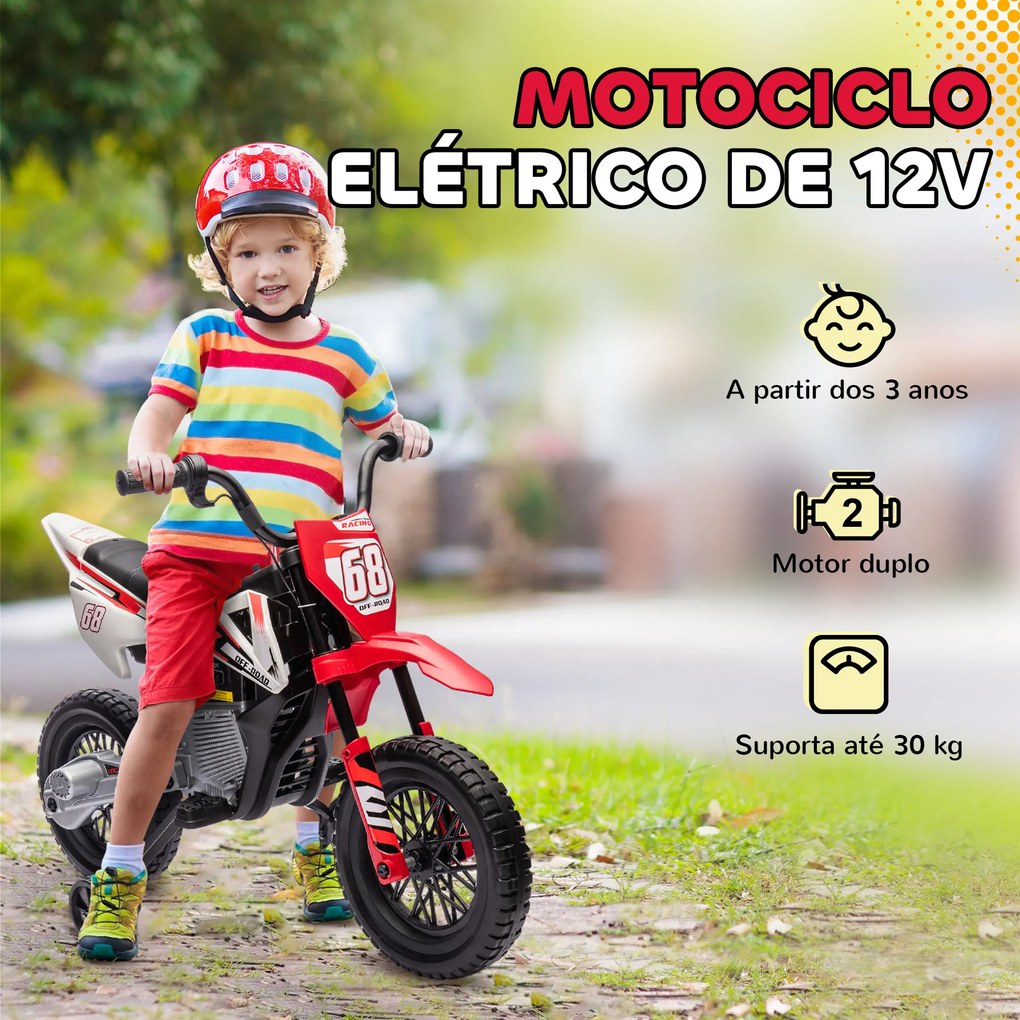 Mota Elétrica para Crianças com Bateria 12V Música Velocidade 2,4-5 km/h e Rodas Auxiliares 107x56x70 cm Vermelho