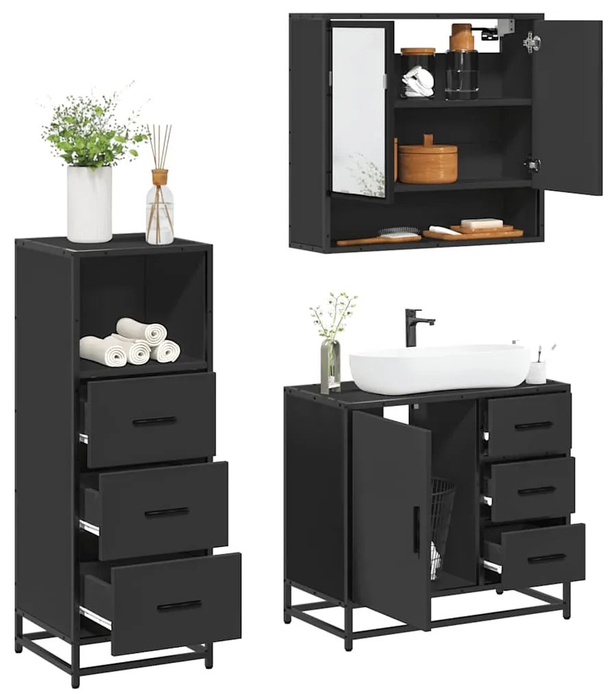 vidaXL 3 pcs conjunto móveis casa de banho derivados de madeira preto