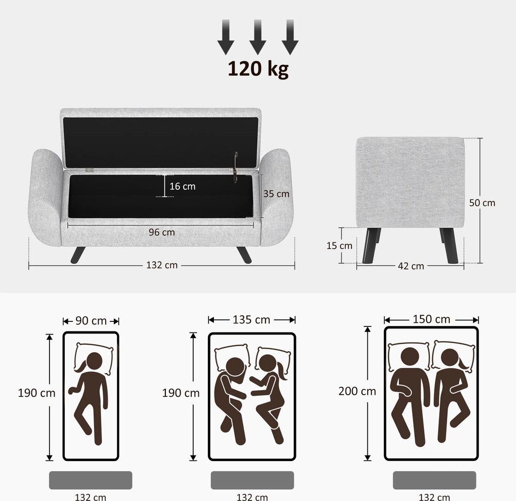 Banco com arrumação 132 x 42 x 50 cm de 53,8 L, com assento estofado em linho e braços, para sala de estar, quarto, hall de entrada, cinzento