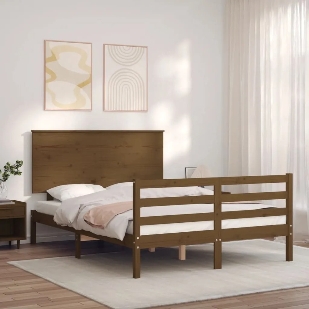 Estrutura cama casal com cabeceira madeira maciça castanho-mel