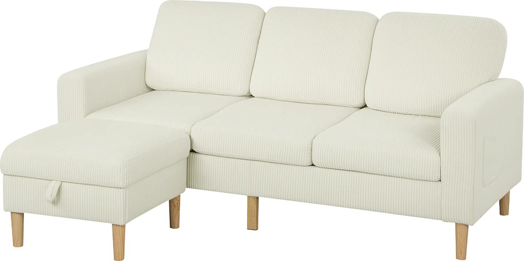 Sofá de 3 lugares 192 x 138 x 85 cm com apoio para os pés, sofá em veludo canelado, assento e encosto almofadados, bege