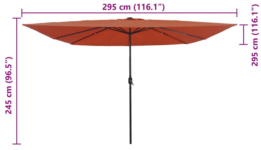 Parasol de Jardim Quadrado vidaXL com Luzes LED 295x245 cm Terracota