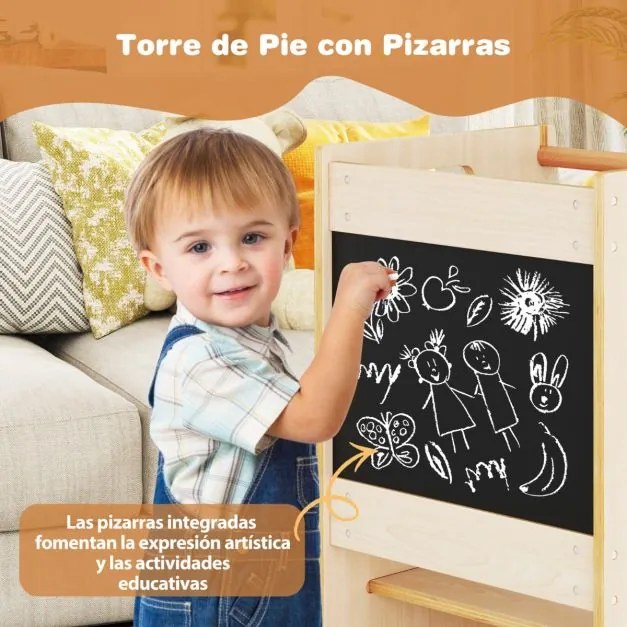 Banco de cozinha para crianças Torre de pé com quadro de actividades, altura ajustável e grade de segurança em madeira Natural