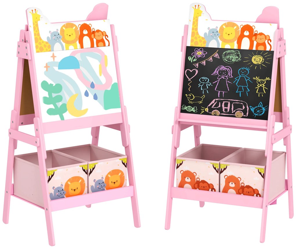 AIYAPLAY Cavalete para Crianças 2 em 1 Arsósia Infantil com Dupla Face 2 Caixas de Arrumação com Estampa em Animais 49x53,5x113 cm Rosa | Aosom Portugal