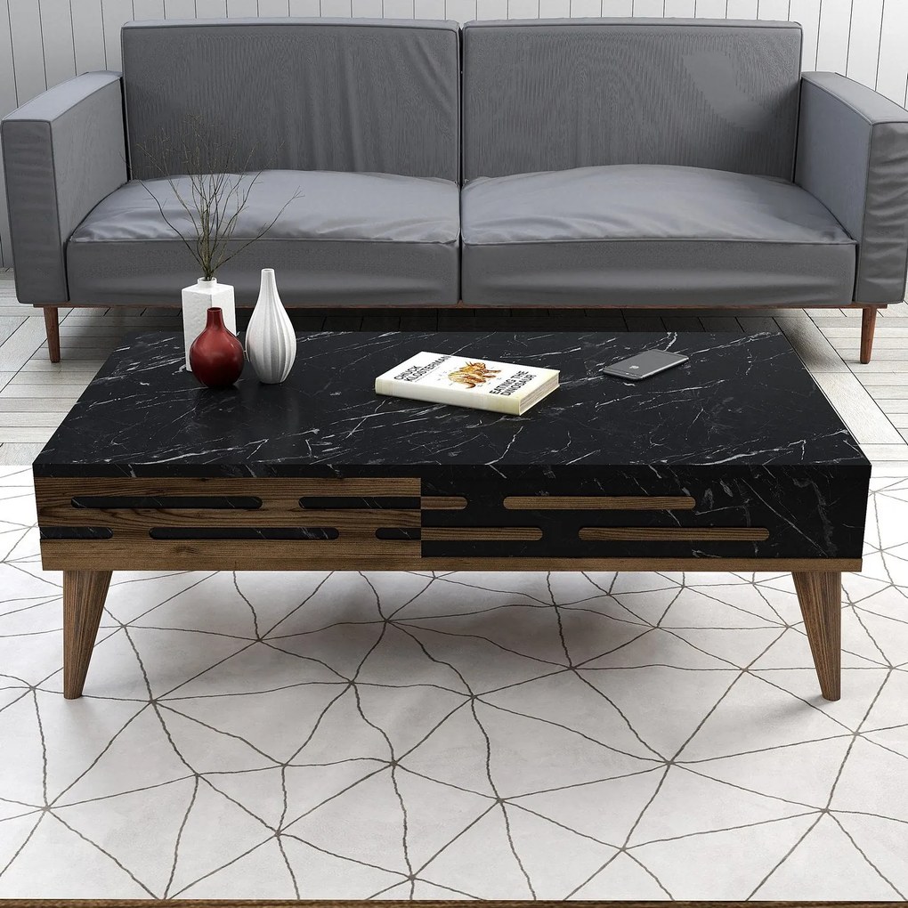Mesa de Centro Valensiya – Nogueira, Preto e Mármore – 105 cm x 60 cm