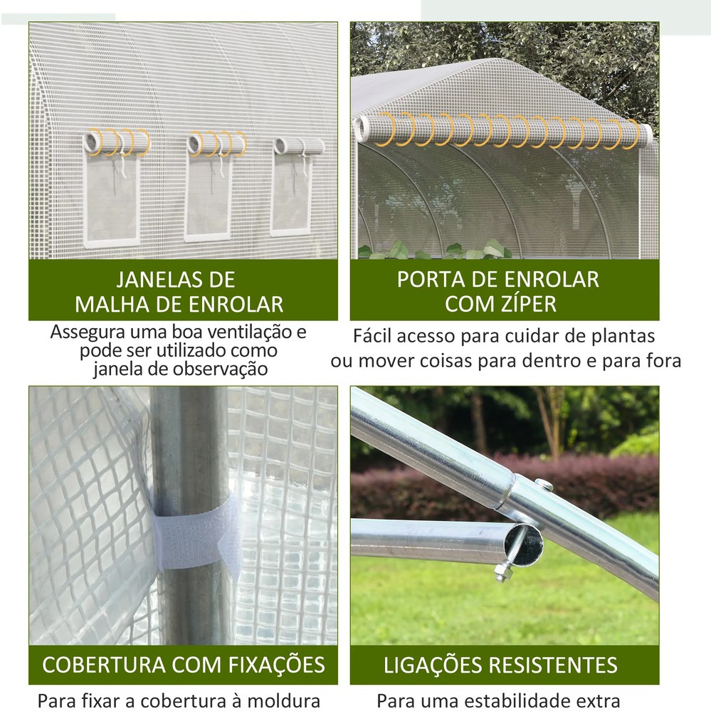 Outsunny Estufa Tipo Túnel 6x3x2m Estufa de Jardim com Porta e 12 Janelas Enroláveis de Polietileno e Aço Galvanizado para Cultivos de Plantas Flores Branco