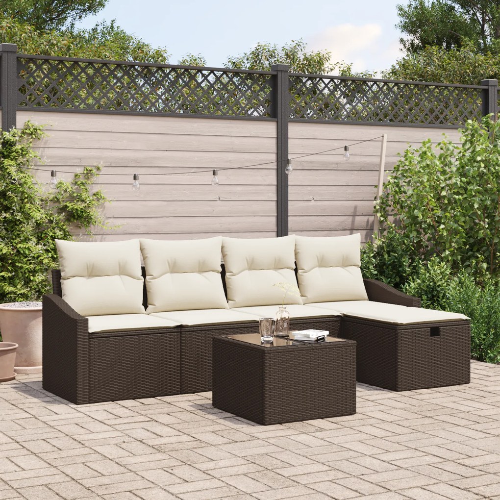 Conjunto de Sofá de Jardim com Almofadas Castanho Poliratan