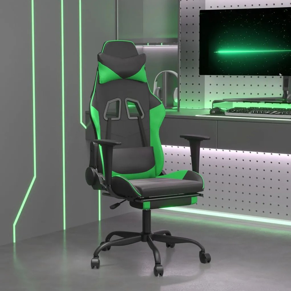 vidaXL Cadeira gaming c/ apoio pés couro artificial preto e verde