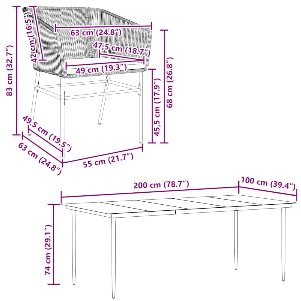 Conjunto de jantar jardim 9 peças almofadas vidro vime PE preto