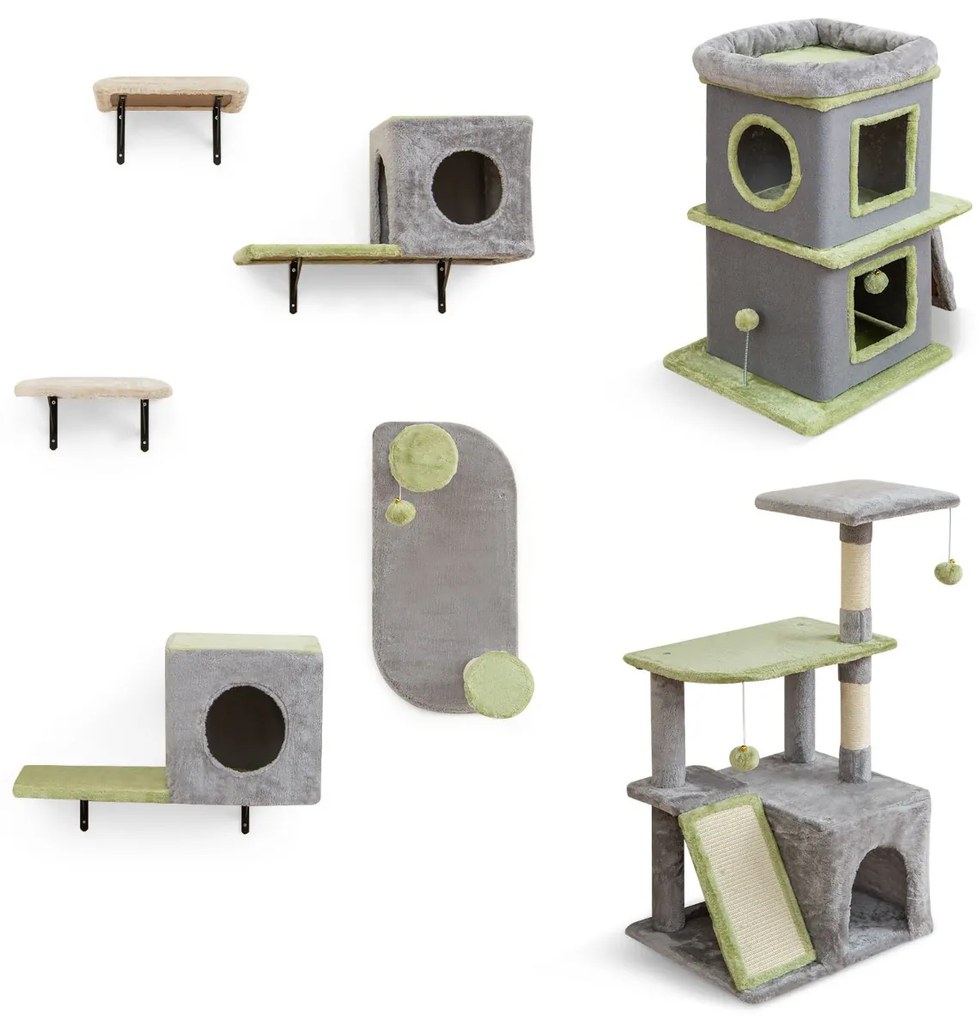 Conjunto de móveis para gatos 3 em 1 com prateleiras de parede modulares com cama e arranhador cinza