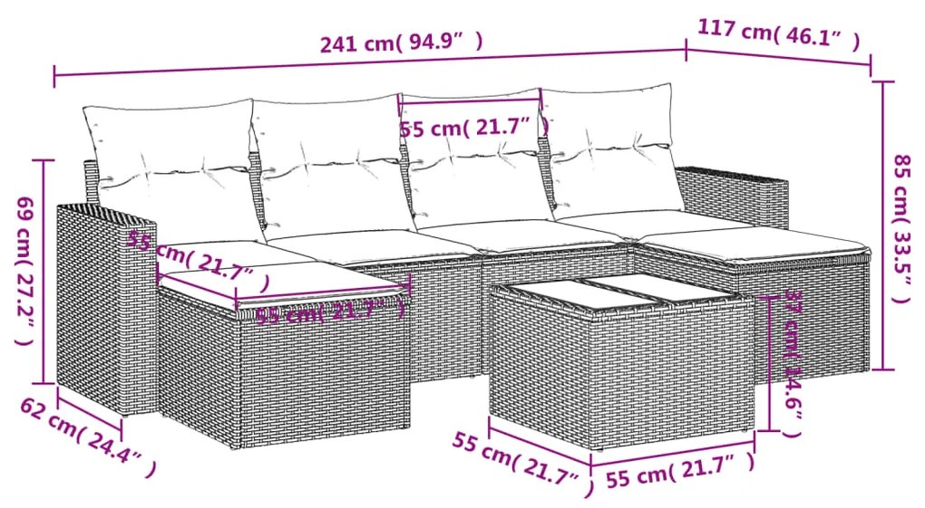 7 pcs conjunto sofás p/ jardim c/ almofadões vime PE cinzento