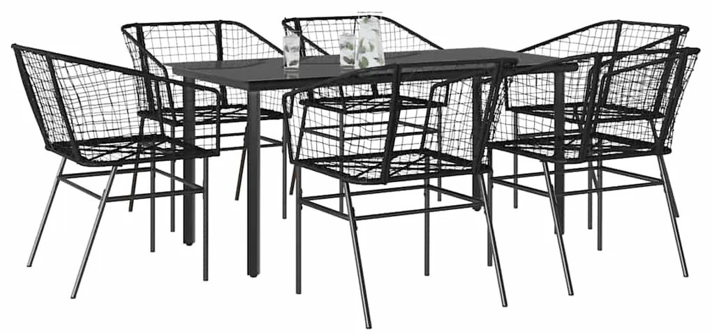 Conjunto de jantar jardim 7 peças vidro vime PE preto