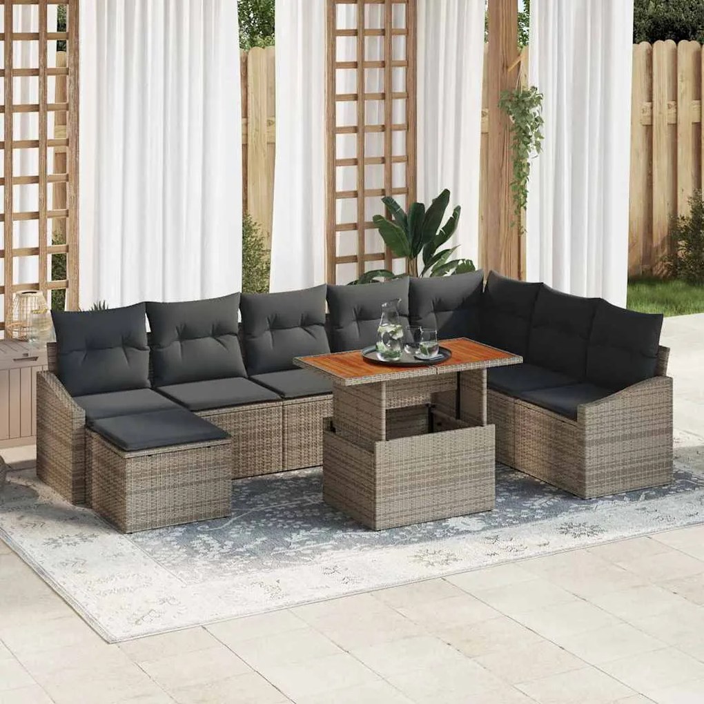 vidaXL Conjunto de Jantar para o Jardim com 9 Peças e Almofadas Cinza de Rattan Poliéster Acácia.