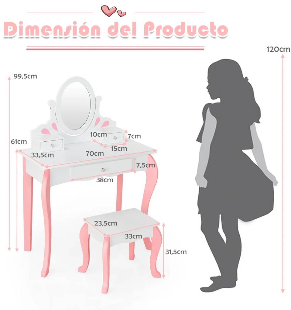 Conjunto de Toucador e Banco para Crianças Mesa de Maquilhagem para Princesas com Espelho Rotativo 360° Removível 3 Gavetas Branco e Rosa