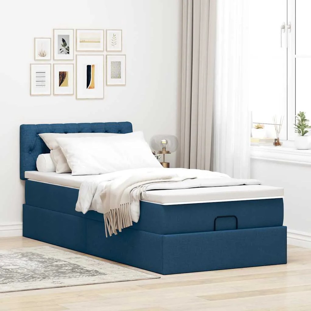 Estrutura de cama otomana com colchão tecido azul 90x190cm