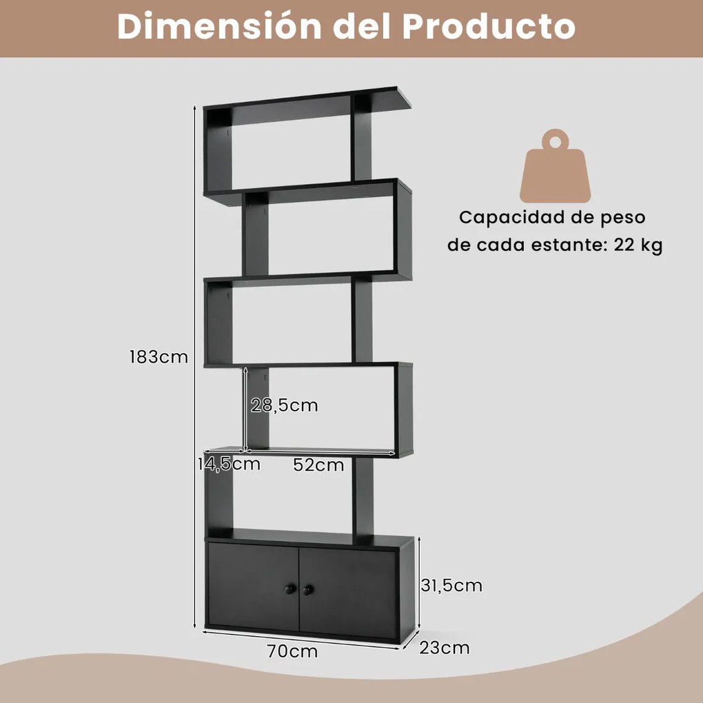 Estante em forma de S de 6 camadas com prateleiras decorativas para sala de estar e escritório 70 x 23 x 183 cm preta
