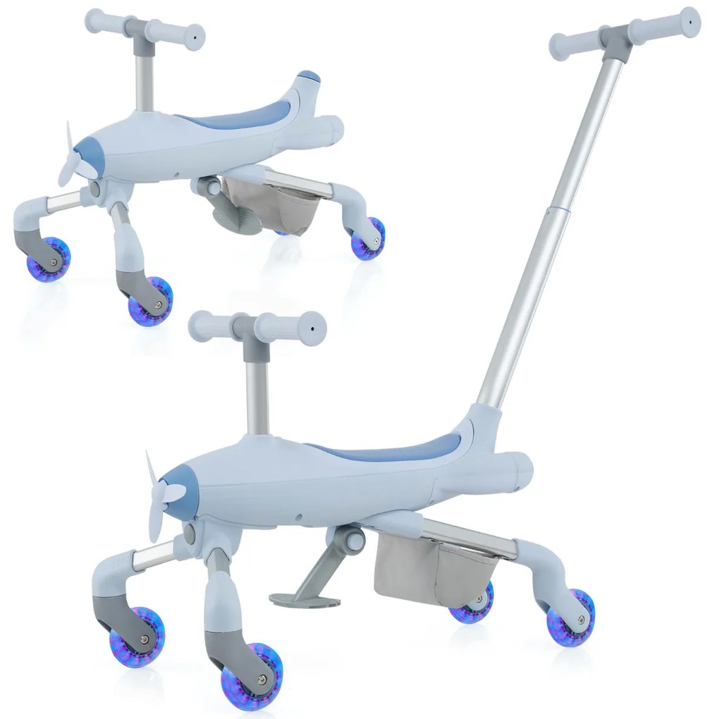 Carrinho de bebé 2 em 1 com tema de avião, rodas iluminadas por LED, pega amovível, apoio para os pés dobrável e ajustável para crianças dos 18 aos 70