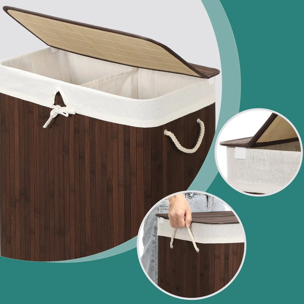 Cesto para roupa suja com 2 compartimentos de 51,5 x 31,5 x 61,5 cm castanho