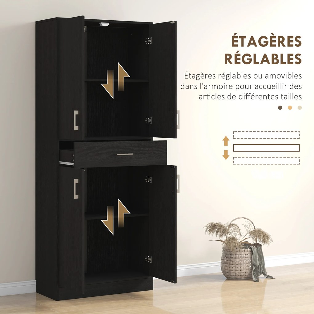 Armário de cozinha alto com 4 portas 70,8 L x 34 P x 180 A cm, 2 compartimentos e 1 gaveta central, altura de 180 cm, com 2 prateleiras ajustáveis, pr