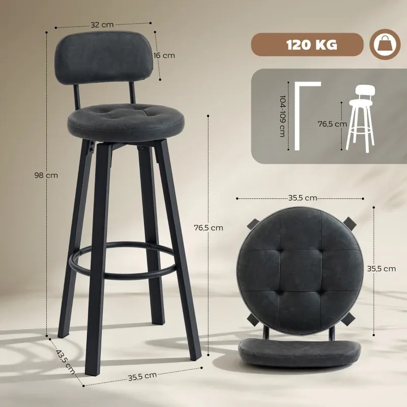Conjunto de 2 Bancos de Bar Bancos Altos de Cozinha Giratórios Estofados em PU com Apoio para os Pés 35,5x43,5x98 cm Cinzento Escuro
