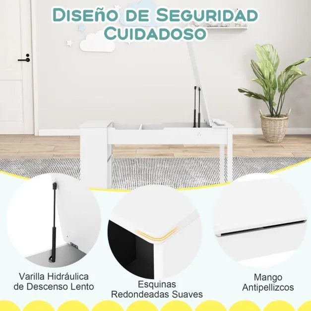 Mesa e cadeiras infantis 2 em 1 com arrumação, com tampo elevável, rolo de papel, 6 copos de tinta e 6 caixas brancas