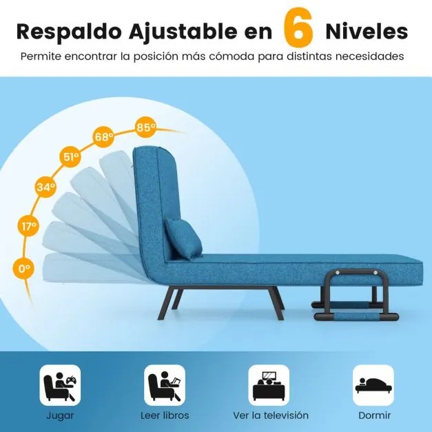 Sofá-cama convertível poltrona individual dobrável ajustável Costas ajustáveis Almofada amovível Assento estofado removível para escritório em casa Az
