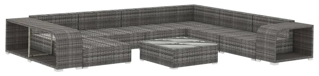 10 pcs conjunto lounge de jardim c/ almofadões vime PE cinzento