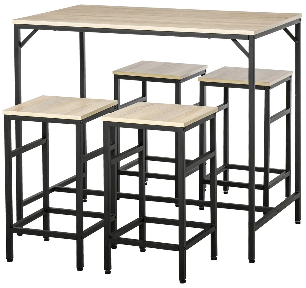 Conjunto de Mesa de Bar com 4 Bancos com Apoio para os Pés Conjunto de Móveis de 5 Peças Mesa de 100x60x88cm e Bancos de 32x32x57cm para Sala de Janta