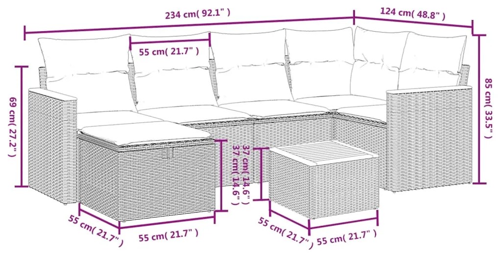 7 pcs conjunto de sofás p/ jardim c/ almofadões vime PE preto