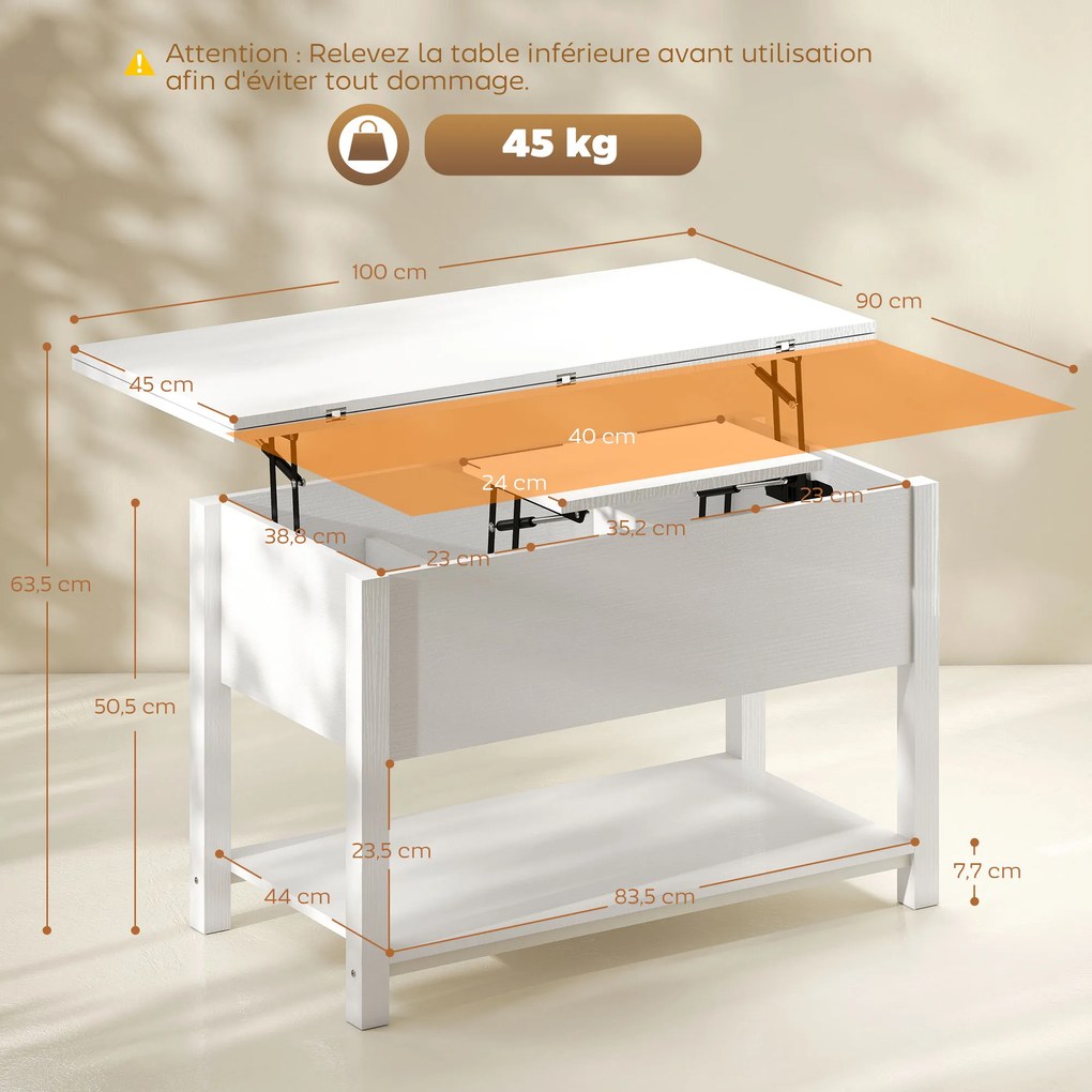 Mesa de Centro Elevável e Extensível, 100 x 90 x 63,5 cm, Tampo Duplo Ajustável, Branca