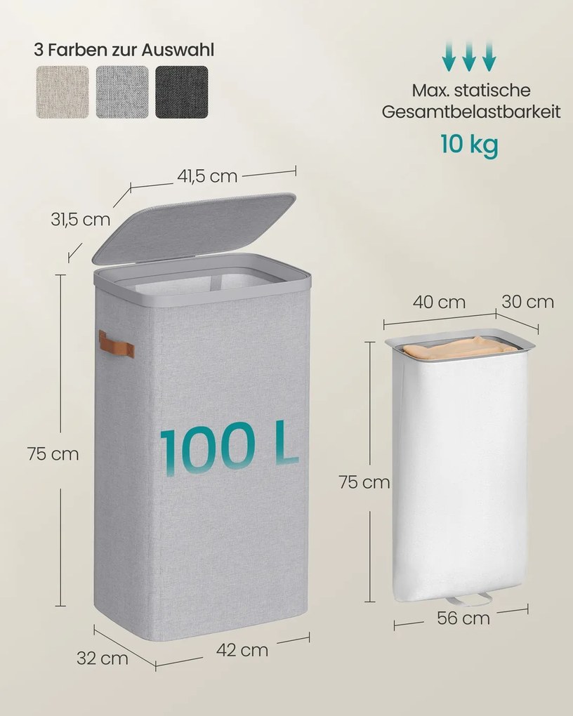 Cesto para roupa suja prático com compartimentos e tampa 56 x 40 x 75 cm cinzento