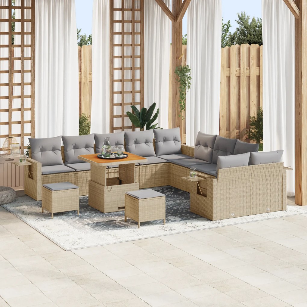 Conjunto de Sofás de Jardim vidaXL com 13 Peças com Almofadas Bege Polirattan Acácia