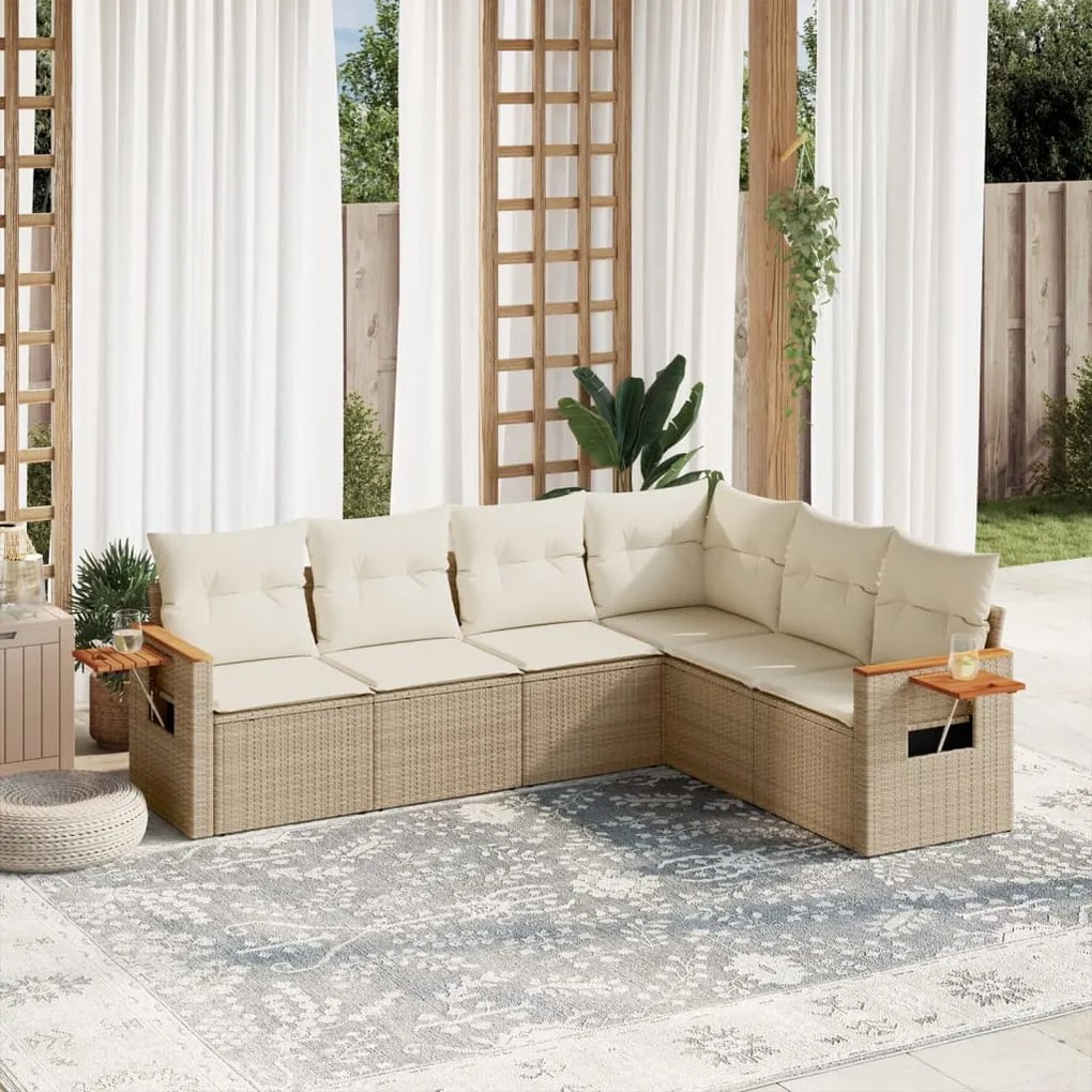 6 pcs conjunto de sofás p/ jardim com almofadões vime PE bege
