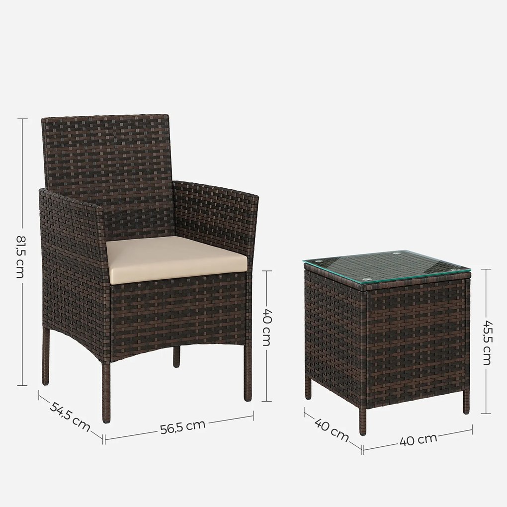 Conjunto de jardim de 3 peças, 2 cadeiras + 1 mesa Castanho-taupe
