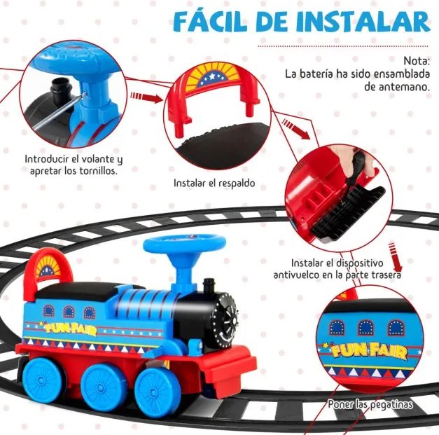 Comboio de 6V com 16 peças de carris para crianças com luzes e sons Pedais retrácteis para crianças com mais de 3 anos Azul Escuro