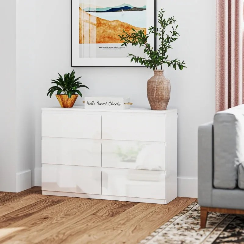 Cómoda com 6 Gavetas de Madeira Cómoda de Dormitório Cómoda Branca Estilo Moderno 112x34x75 cm Branco Brilhante
