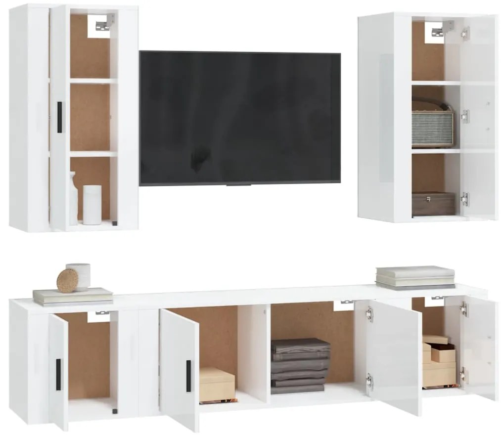 5 pcs conjunto móveis de TV madeira processada branco brilhante