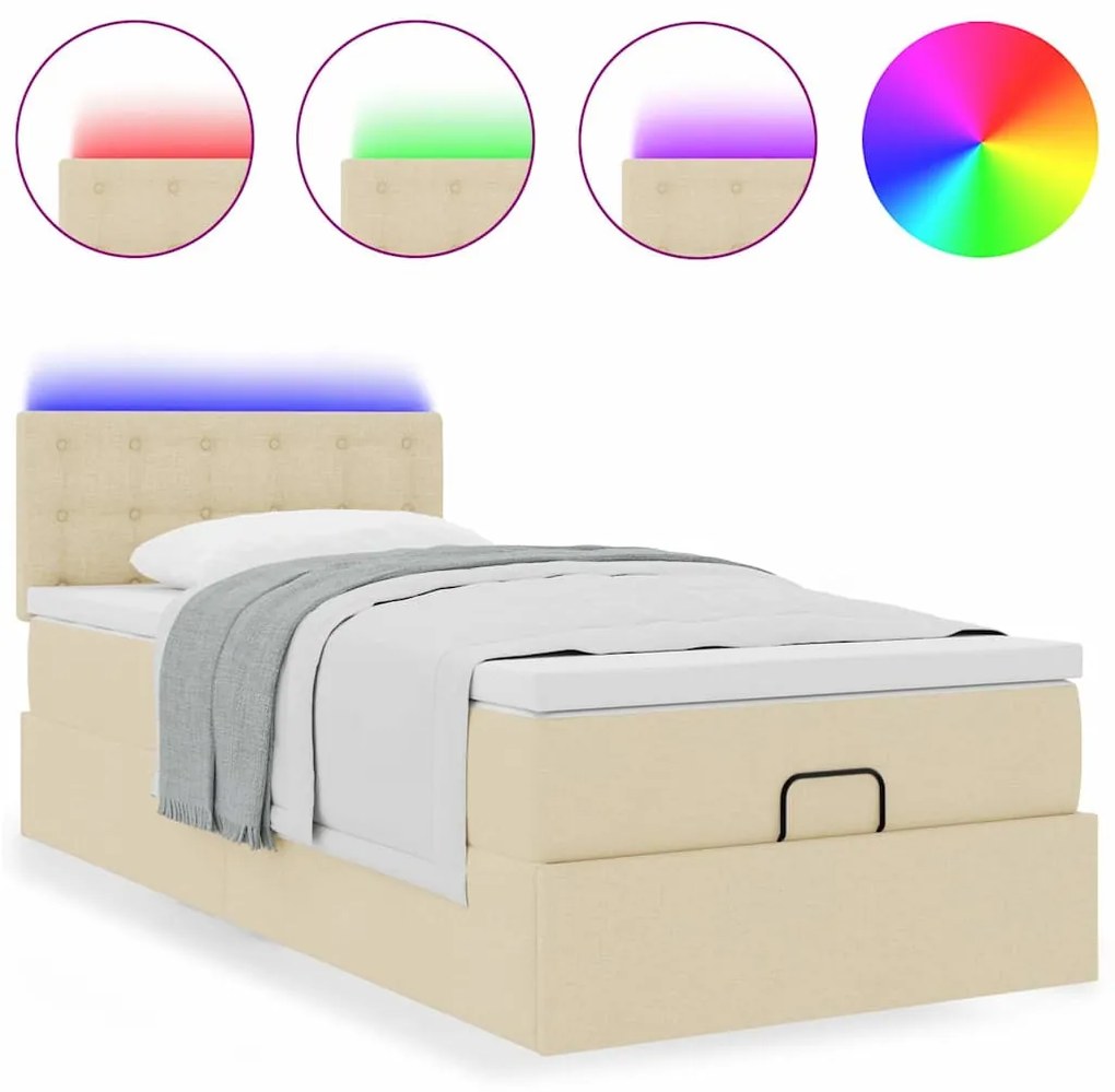 Cama Otomana com colchão &amp; LEDs 90x200 cm tecido creme