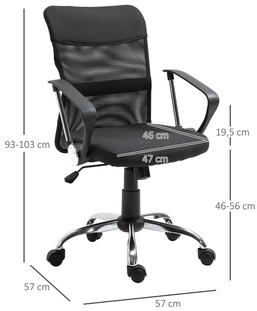 Cadeira de escritório ergonômica giratória com assento ajustável em altura, apoios de braço e rodas 57x57x93-103 cm Preto