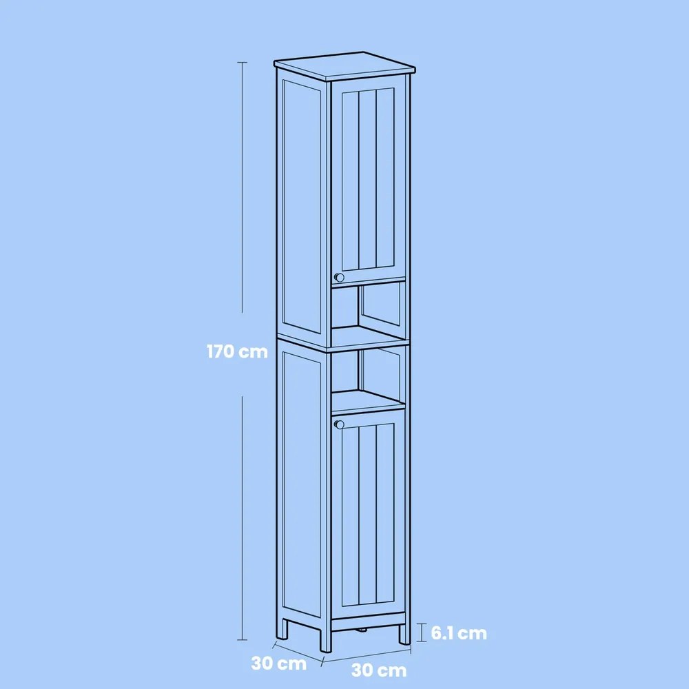 Armário alto para casa de banho com iluminação 30,1 x 30,1 x 170,1 cm, prateleiras ajustáveis, compartimentos abertos branco