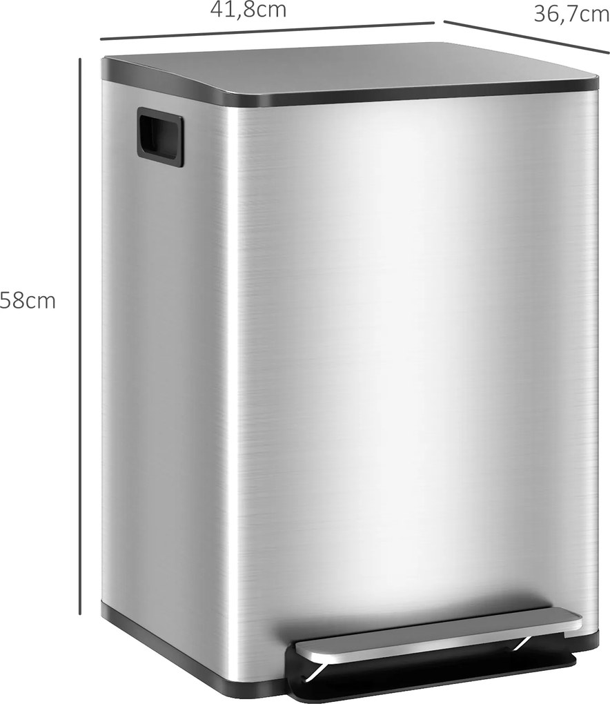 Caixote do lixo de cozinha com 2 compartimentos de 2 x 20 L, com pedal, em aço inoxidável, tampa com fecho suave