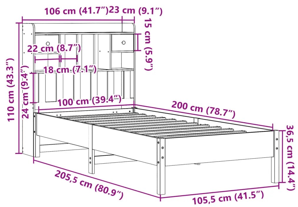 Cama c/ estante sem colchão 100x200cm pinho maciço castanho-mel