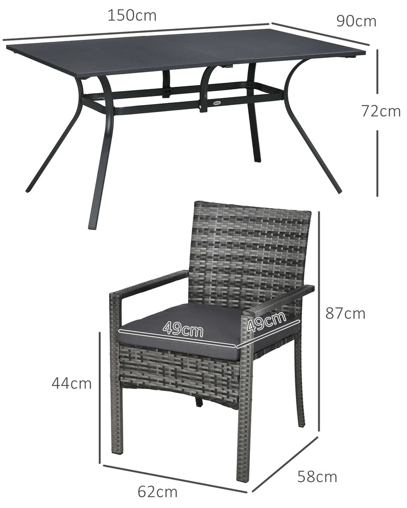 Conjunto de Refeição de Jardim em Vime Sintético Conjunto de 7 Peças Inclui 6 Cadeiras com Almofadas e Mesa de Metal Cinza